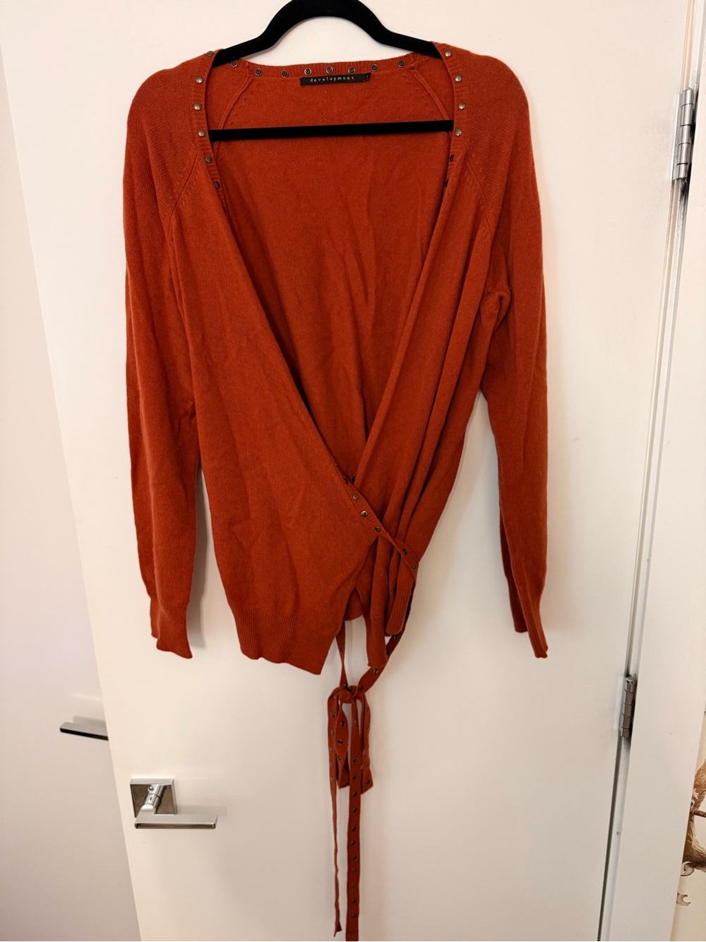 Stud-Trim Wrap Cashmere Cardigan in Rust